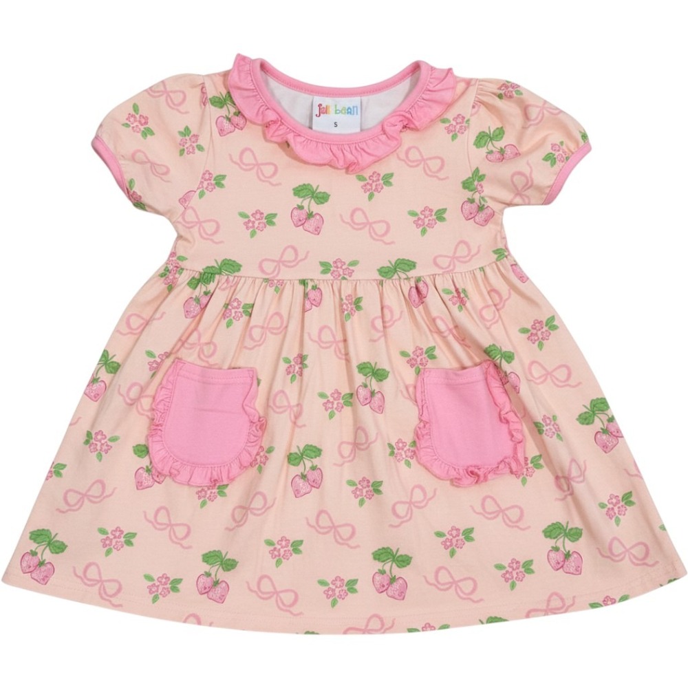 Jelly Bean Girls Pink Strawberry Floral Bow Ruffle Pocket Dress Size 5